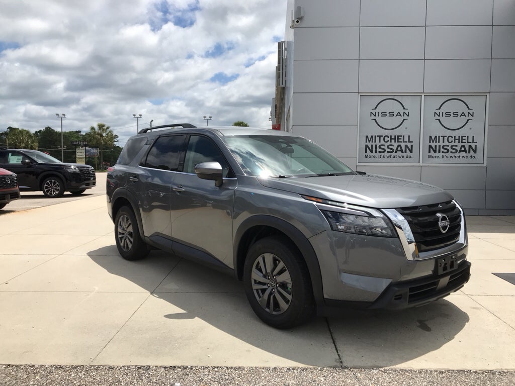 2025 Nissan Pathfinder SV in Gun Metallic — front three-quarter view