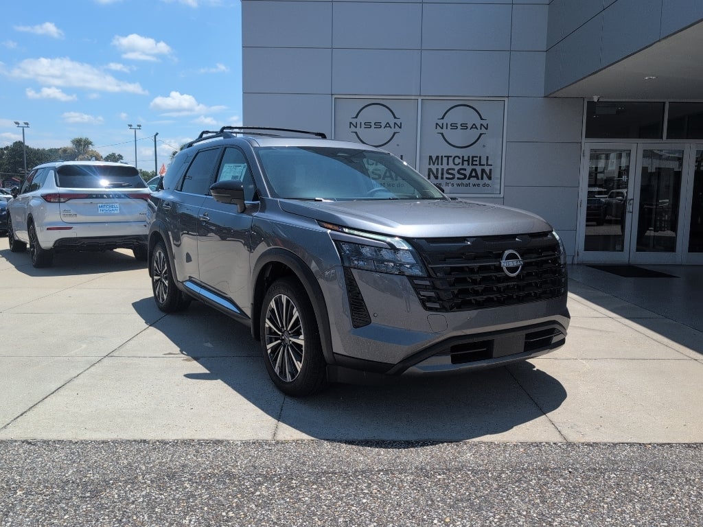 2026 Nissan Pathfinder Platinum in Gun Metallic — front three-quarter view