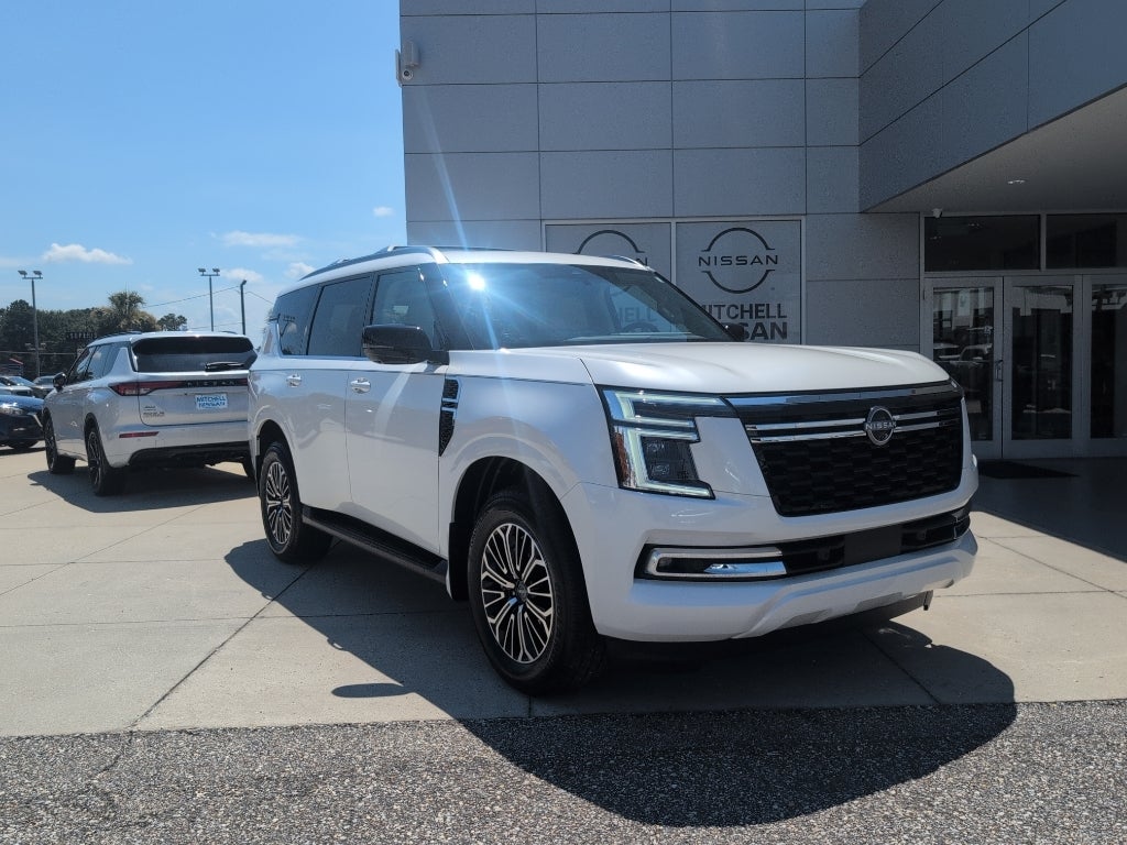 2026 Nissan Armada Platinum in Aspen White Tricoat — front three-quarter view